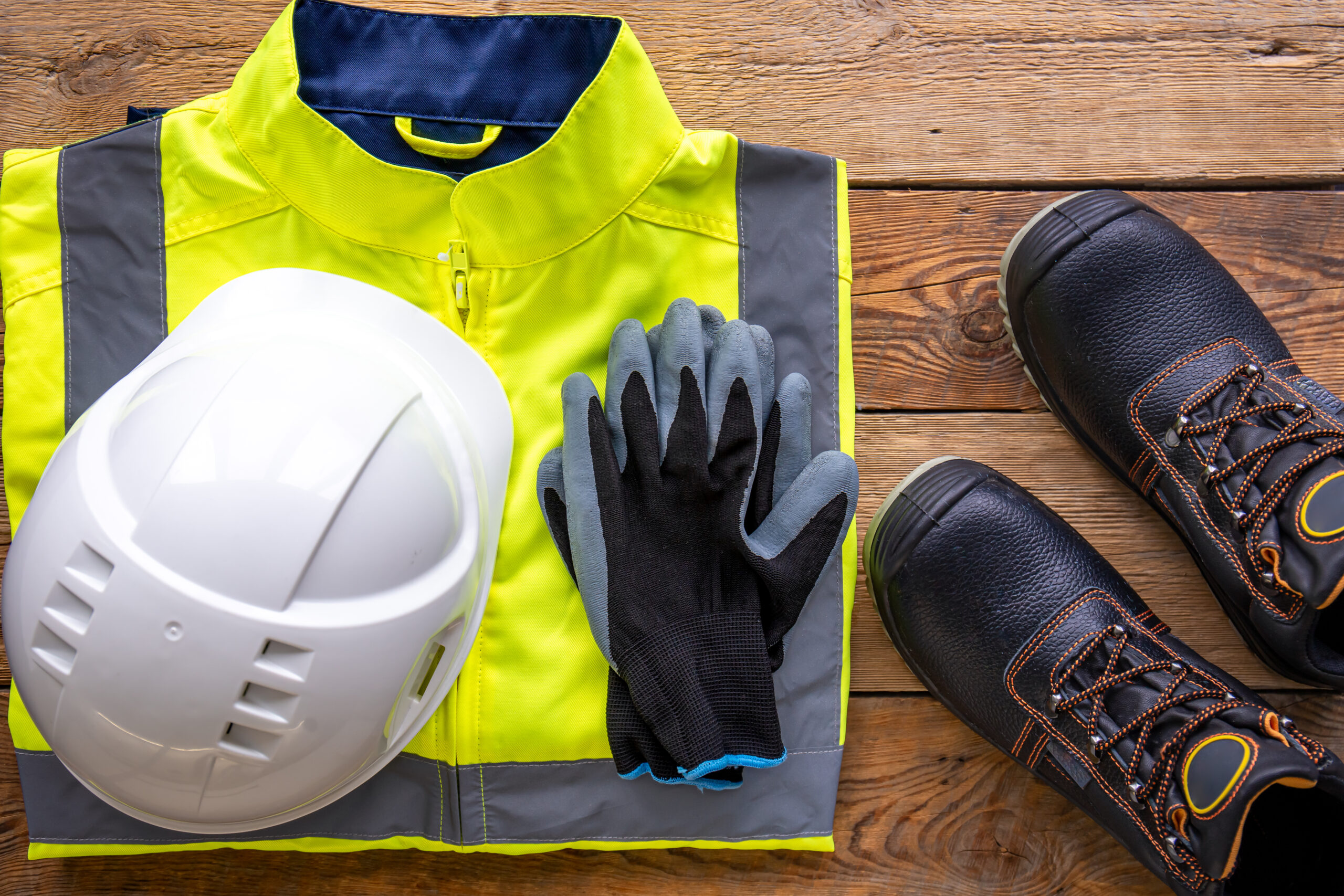 Builder uniform on wooden background, flat lay.